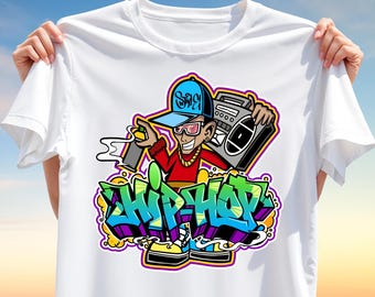 Graffiti Hip-Hop T-Shirt Design – Spray Can Streetwear PNG, Urban Rapper Clipart for Sublimation, Boombox Cartoon Art