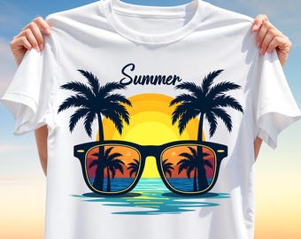 Summer Vibes T-Shirt Design - Palm Tree Sunset PNG Clipart - Tropical Sublimation Print for Beach Shirts, Mugs, Vacation Gifts