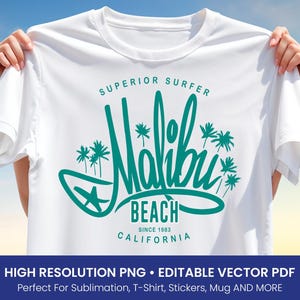 T-shirtontwerp Malibu Beach – California Surfer Vectorkunst, sublimatie PNG en bewerkbare pdf, retro palmboom zomershirtafbeelding