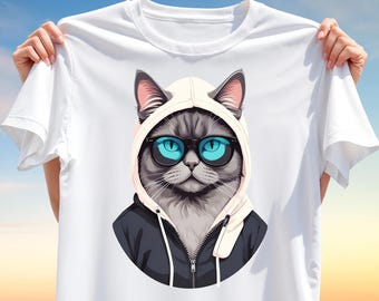 Cool Gray Cat T-Shirt Design PNG – Urban Streetwear Kitty with Hoodie & Glasses, Trendy Sublimation Clipart for Apparel