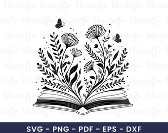May include: Black and white illustration of an open book with floral and butterfly elements. The design features detailed leaves, flowers, and two butterflies, with the text "SVG - PNG - PDF - EPS - DXF" at the bottom.