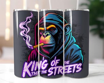 King of the Streets Tumbler Wrap PNG – 20oz Skinny Sublimation Design with Hooded Smoking Monkey, Neon Glow Graffiti Style & Urban Art