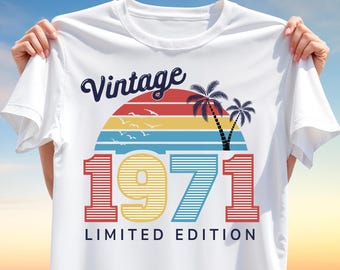 Vintage 1971 T-Shirt Design PNG – Retro Sunset Birthday Design for Sublimation, Limited Edition Palm Tree Clipart for 70s Inspired Apparel