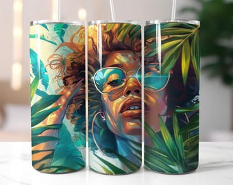 Tropical Woman Tumbler Wrap PNG – 20oz Skinny Wrap with Curly Hair, Sunglasses & Jungle Vibes – Summer Sublimation Tumbler Wrap Design