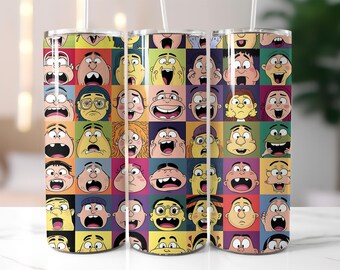 Funny Cartoon Faces Tumbler Wrap PNG – 20oz Skinny Sublimation Design with Colorful Comic Characters, Facial Expressions & Humor Pattern