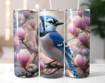 Blue Jay Tumbler Wrap PNG, Magnolia Floral Bird Sublimation Design, 20oz Skinny Tumbler Wrap for Nature Lovers, Botanical Spring PNG