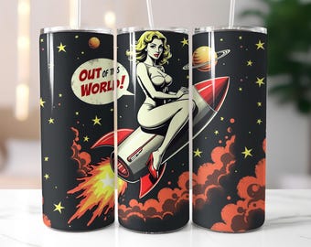 Retro Space Pin-Up Tumbler Wrap PNG – 20oz Sublimation Design with Rocket, Stars & “Out of This World!” Quote, Digital Download