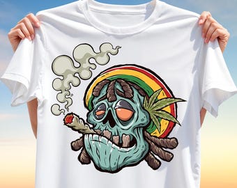 Rasta Skull T-Shirt Design PNG – Reggae Inspired Dreadlock Skull Art, Sublimation Download for Urban Streetwear and Edgy Graphic Tees