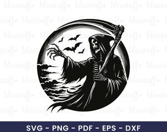 Grim Reaper and Bats SVG File – Creepy Skeleton with Scythe and Bats, Gothic Halloween Clipart for Cricut, Horror Shirt Sublimation Design
