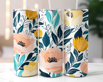 Modern Floral Tumbler Wrap PNG – 20oz Skinny Sublimation Design with Peach Flowers, Yellow Blooms, Dark Leaves & Minimal Botanical Style