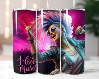 I Love Music Tumbler Wrap PNG – 20oz Rock Star Sublimation Design with Colorful Hair, Mic & Stage Lights, Digital Download