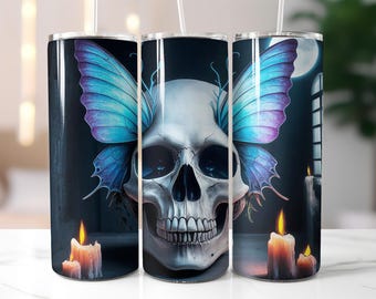 Butterfly Skull Tumbler Wrap PNG, Dark Gothic Candle Design for 20 oz Skinny Tumbler, Moonlight Skull Sublimation