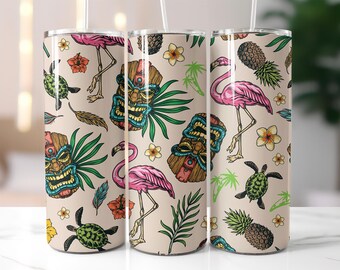 Tropical Summer Tumbler Wrap PNG – 20oz Skinny Tumbler Sublimation Design with Flamingo, Turtle, Tiki Mask, Pineapple & Floral Island Vibes