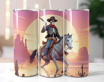 Skeleton Cowboy Tumbler Wrap PNG, Wild West Halloween 20 oz Skinny Tumbler Sublimation, Spooky Desert Rider Design