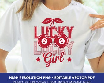 Lucky Girl T-Shirt Design – Retro Cherry 8 Ball Sublimation Design, Cute Gambling Clipart, Pink Pool Themed PNG, Editable Vector PDF