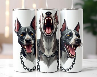 Black Dog Tumbler Wrap PNG – 20oz Skinny Sublimation Design with Snarling Dog Faces, Chain Necklace, Fierce Expression & Urban Graphic Style