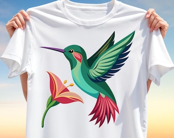 Colorful Hummingbird T-Shirt PNG – Tropical Bird & Flower T-Shirt Design for Sublimation, Nature Clipart for Summer, Feminine Boho Apparel