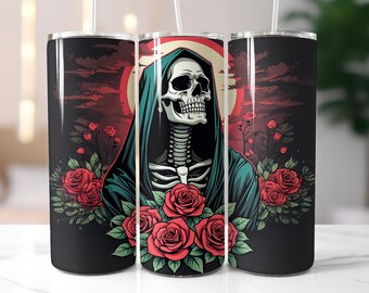 Skull and Rose Tumbler Wrap PNG – 20oz Sublimation Design with Hooded Skull, Red Roses & Gothic Art, Dark Aesthetic Digital Download