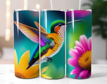 Hummingbird Tumbler Wrap PNG, Colorful Bird and Flower Sublimation, 20 oz Skinny Tumbler Design, Bright Floral Cup Wrap