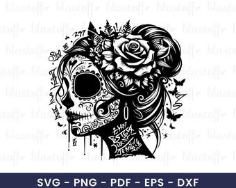 Sugar Skull Woman SVG – Day of the Dead Sublimation PNG Clipart with Floral Hair & Butterfly Tattoo Style