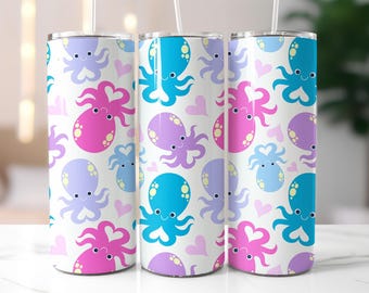 Cute Octopus Tumbler Wrap PNG – 20oz Sublimation Design with Colorful Sea Creatures, Pastel Hearts, Kawaii Ocean Animal Pattern