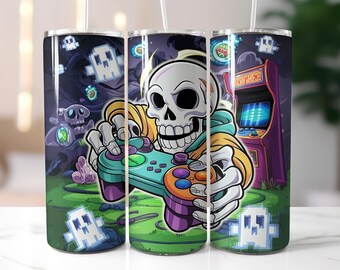 Skull Gamer Tumbler Wrap PNG, 20oz Skinny Sublimation Design, Arcade Controller Pixel Ghosts PNG, Halloween Gamer Digital Download