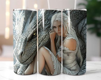Dragon Queen Tumbler Wrap PNG – 20oz Skinny Sublimation Design with Fantasy Girl and Gray Dragon, Magical Warrior Theme