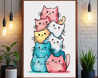 Colorful Cats Wall Art: Playful Kitty Poster | Kids Room Decor Print | Digital Download