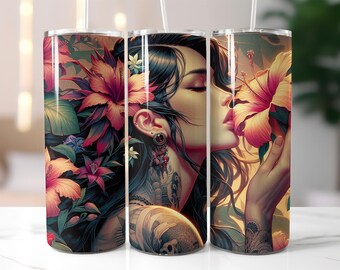 Tattooed Woman Tumbler Wrap PNG, Floral Kiss Sublimation Design, Tropical Flower 20 oz Skinny Tumbler Wrap for Sublimation Printing