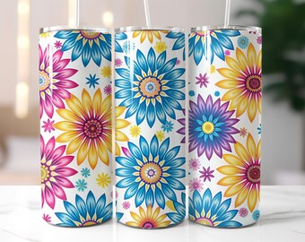 Mandala Flower Tumbler Wrap PNG – 20oz Skinny Sublimation Design with Colorful Petals, Radiant Florals, White Background & Symmetrical Style