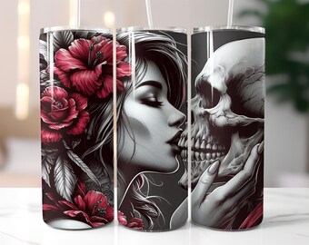 Gothic Skull Kiss Tumbler Wrap PNG – Dark Floral 20oz Skinny Sublimation Design with Red Roses & Romantic Skeleton Theme
