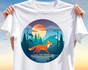 Fox in the Forest PNG – Sunset Wilderness Animal T-Shirt Design for Sublimation, Nature Clipart for DIY Gifts, Camping & Outdoor Crafts