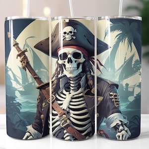 Pirate Skeleton Tumbler Wrap PNG – 20oz Skinny Sublimation Design with Skull Captain, Sailing Ships & Night Ocean Theme