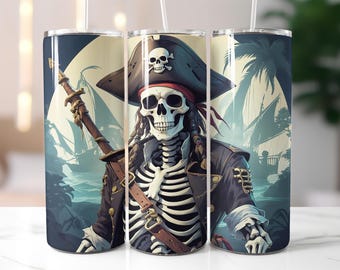 Pirate Skeleton Tumbler Wrap PNG – 20oz Skinny Sublimation Design with Skull Captain, Sailing Ships & Night Ocean Theme