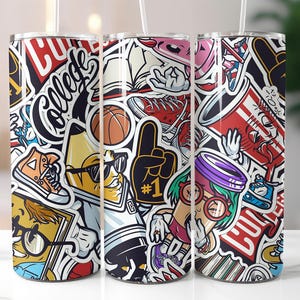 College Life Sticker Tumbler Wrap PNG – 20oz Skinny Tumbler Sublimation Design with Fun School Icons, Pop Art Doodles & Campus Vibes Tumbler