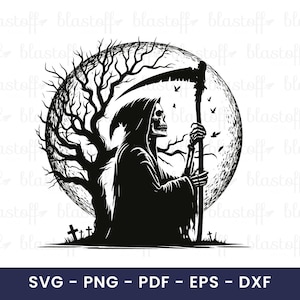 Grim Reaper Moon SVG File – Gothic Halloween Skeleton Cut File with Scythe, Tree, and Graveyard for Cricut & Sublimation Projects