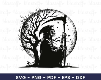 Grim Reaper Moon SVG File – Gothic Halloween Skeleton Cut File with Scythe, Tree, and Graveyard for Cricut & Sublimation Projects