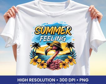 Summer Vibes Beach Shirt PNG – Tropical Flamingo Sublimation Design for T-Shirts, Mugs, Tote Bags, and Vacation Gifts