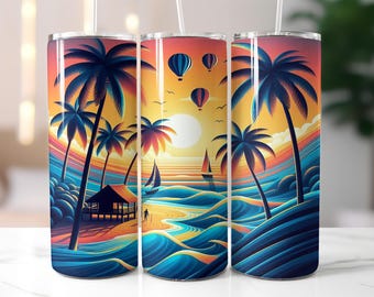 Tropical Beach Sunset Tumbler Wrap PNG – 20oz Skinny Sublimation Design with Palm Trees, Waves, Hot Air Balloons, and Sailboats