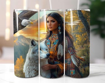 Native Woman Tumbler Wrap PNG – 20oz Skinny Sublimation Design with Wolf, Eagle & Tribal Spirit Scene, Digital Nature Art