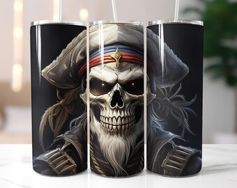 Pirate Skull Tumbler Wrap PNG – 20oz Sublimation Design with Evil Skeleton Captain, Dark Fantasy Tumbler Art, Halloween Skull Tumbler Wrap