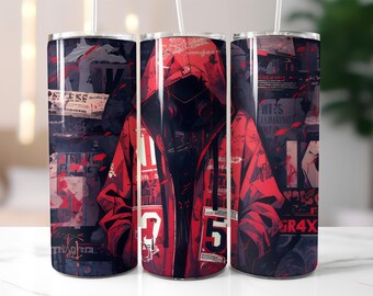 Cyberpunk Tumbler Wrap PNG – Red Hoodie Masked Character 20oz Skinny Sublimation Design, Urban Tech Grunge Style Art