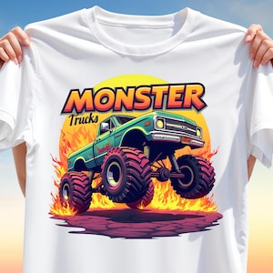 Diseño de camiseta de Monster Truck PNG: camión verde con llamas, escena de incendio todoterreno, arte de sublimación para tazas y camisetas