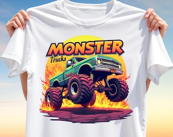 Monster Truck T-Shirt Design PNG – Green Truck with Flames, Off-Road Fire Scene, Sublimation Art for Mugs & Shirts