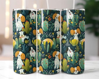 Cute Dog Tumbler Wrap PNG, 20 oz Cactus Puppy Sublimation Design, Dog Lover Skinny Tumbler Wrap Digital Download