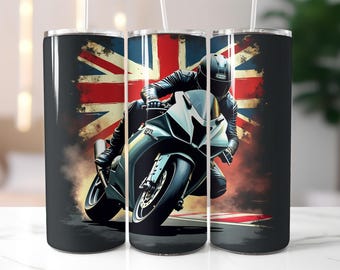UK Racing Motorcycle Tumbler Wrap PNG – 20oz Skinny Tumbler Sublimation Design with Union Jack, Sport Bike, British Rider, Speed Art Tumbler