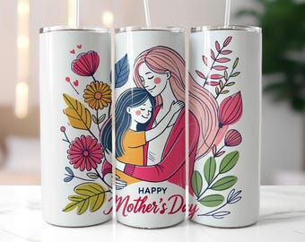 Mother's Day Tumbler Wrap PNG – 20oz Skinny Sublimation Design, Mom and Daughter Hug Illustration, Floral Pastel Digital Download