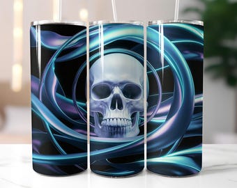 Metallic Skull Tumbler Wrap PNG, Futuristic Blue Chrome 20 oz Sublimation Design, Dark Cyber Gothic Skull Art