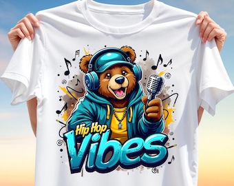 Hip Hop Bear T-Shirt Design PNG – Rapper Bear with Mic and Headphones Clipart – Urban Music Vibes Sublimation Design for T-Shirts, Mugs...