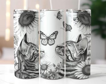 Black and White Cat Tumbler Wrap PNG – 20oz Sublimation Design with Butterfly, Sunflower and Hand-Drawn Sketch Style Feline Art